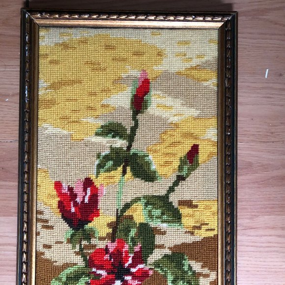 Beautiful needlework framed red yellow flowers home wall decoration - Picture 2 of 6